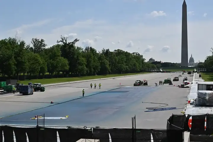 Blue-painted Lincoln Memorial Reflecting Pool in Washington, D.C., April 2026