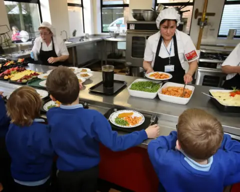A school meals servery at Weaver School in Nantwich, showing the food service area where the new UK school food standards will take effect in September 2027.