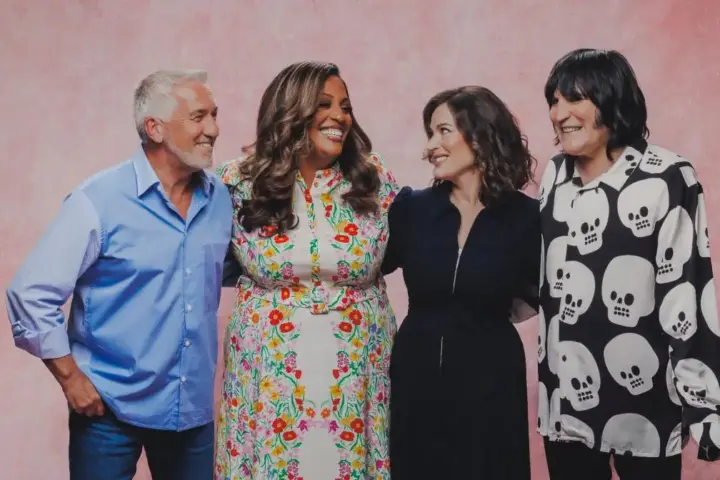 Nigella Lawson Paul Hollywood Alison Hammond and Noel Fielding inside the Great British Bake Off tent