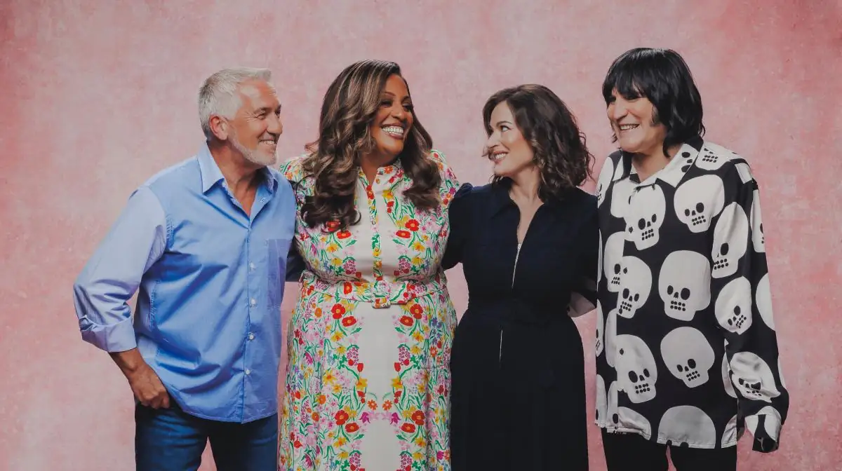 Nigella Lawson Paul Hollywood Alison Hammond and Noel Fielding inside the Great British Bake Off tent