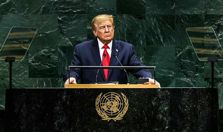 Donald Trump speaking at the United Nations General Assembly in New York