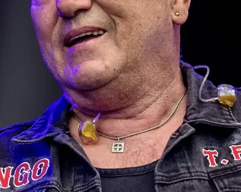 Angry Anderson performing on stage with a microphone during a Rose Tattoo concert appearance.