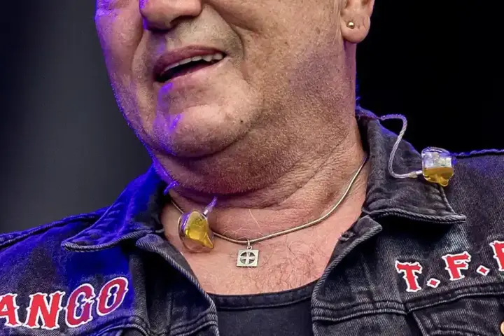 Angry Anderson performing on stage with a microphone during a Rose Tattoo concert appearance.