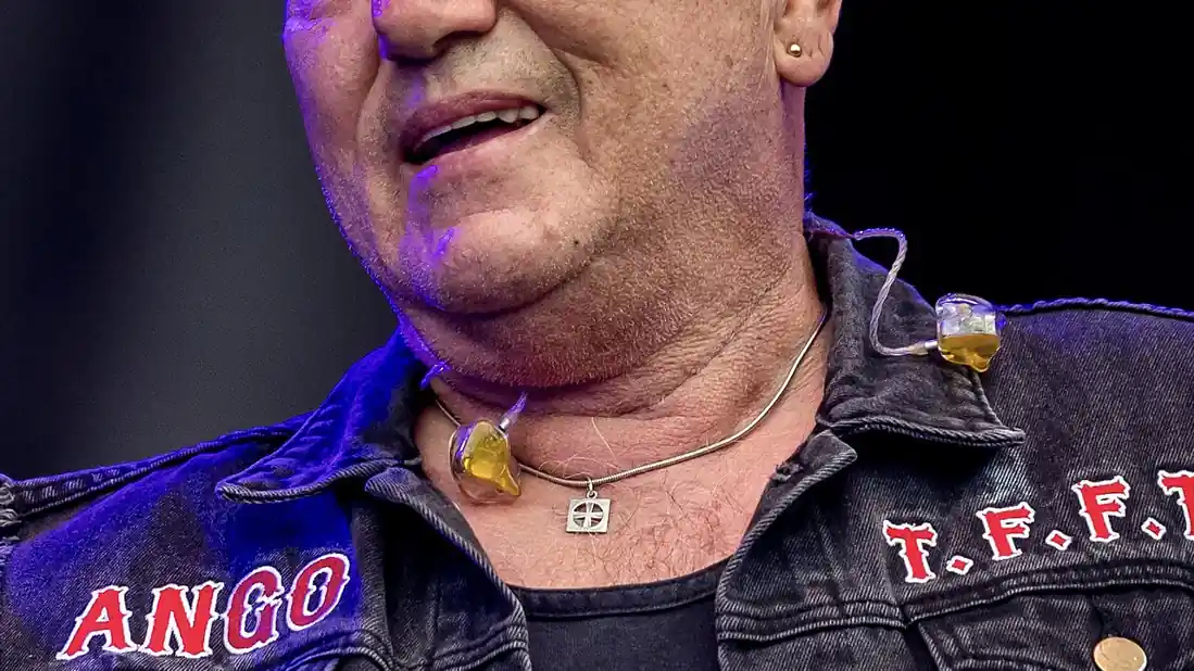 Angry Anderson performing on stage with a microphone during a Rose Tattoo concert appearance.