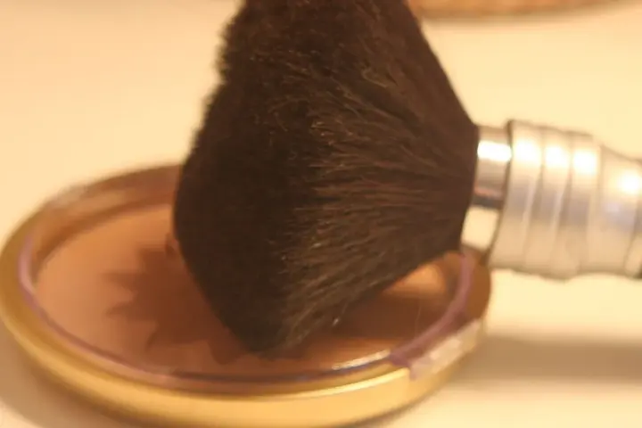 Close-up photograph of a makeup brush with cosmetic powder, representing retail beauty products.