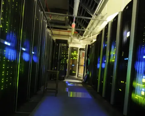 Rows of black server racks inside a data centre server room