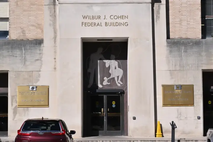 The entrance to the Wilbur J. Cohen Federal Building in Washington DC, headquarters of the Social Security Administration.