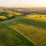 South African rural farmland with rolling hills and farm fields under afternoon light