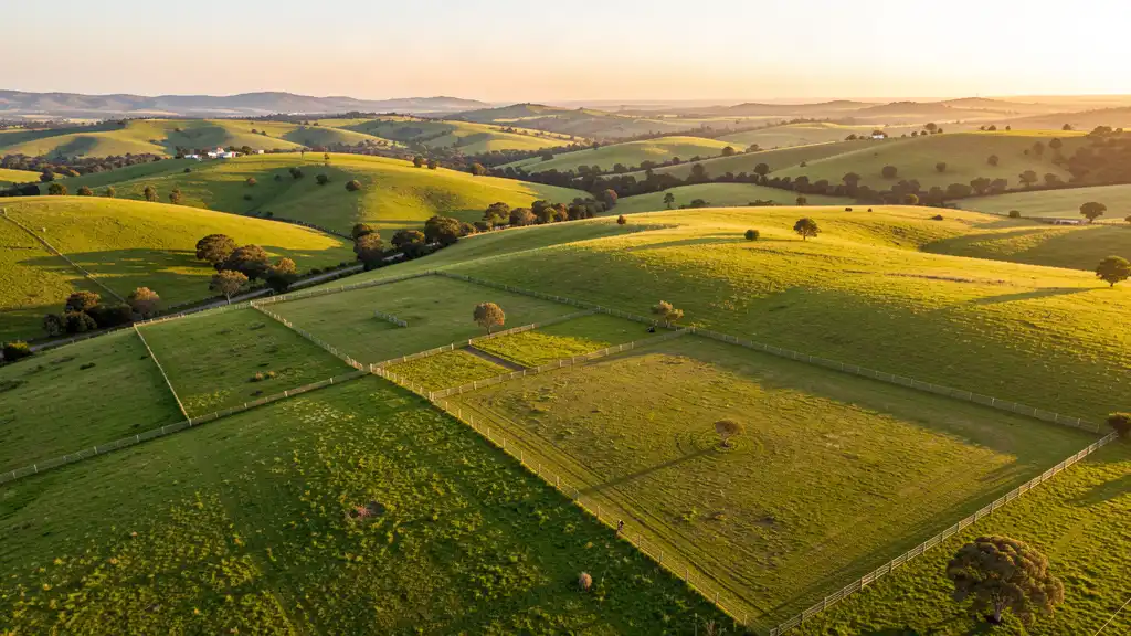 South African rural farmland with rolling hills and farm fields under afternoon light