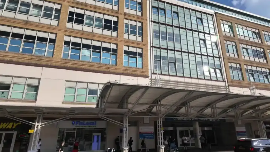 Exterior view of a modern NHS hospital building in London during daylight, used as context for hospital heat risk reporting.