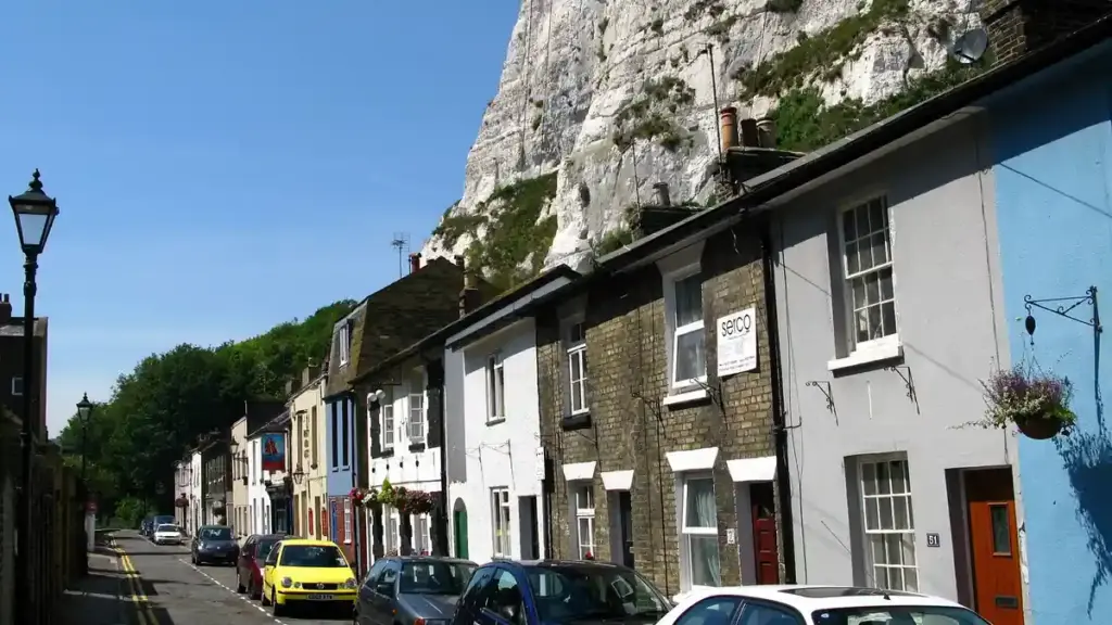 Road and ferry infrastructure at Dover below the White Cliffs, used as context for Schengen border processing changes.