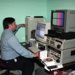 Television editing room with monitors and production equipment arranged for post-production work.