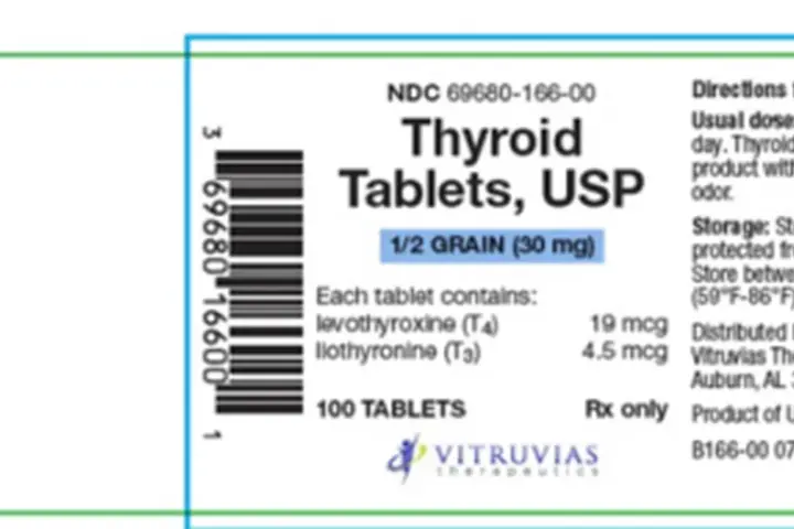 Vitruvias Thyroid Tablets USP 30 mg product label associated with recalled lot 504950