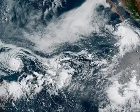 Satellite image of a tropical cyclone cloud formation over the Pacific Ocean near Hawaii