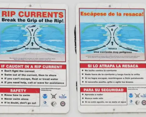 A metal warning sign posted in beach sand advising swimmers on rip current survival alongside ocean waves.
