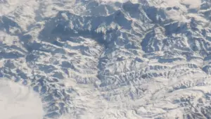 Aerial view of the steep mountain ridges and river gorges forming the Gyirong corridor along the China-Nepal border