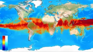 Scientific oceanographic chart illustrating sea surface temperature anomalies in the equatorial Pacific during El Nino.