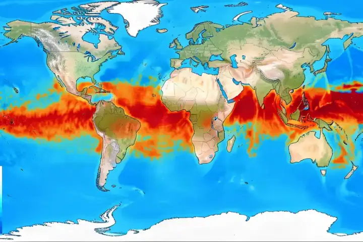 Scientific oceanographic chart illustrating sea surface temperature anomalies in the equatorial Pacific during El Nino.