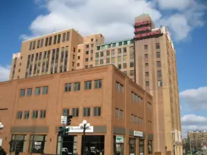 Exterior street view of the State Farm Insurance corporate commercial building in downtown Bloomington, Illinois.