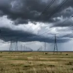 High-voltage electrical transmission towers and suspended power lines crossing open grassland.