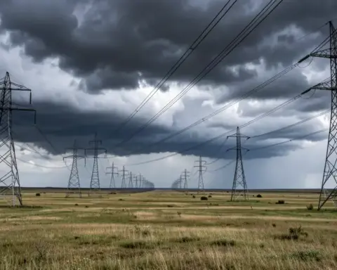 High-voltage electrical transmission towers and suspended power lines crossing open grassland.