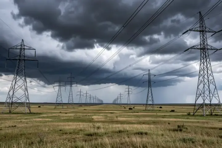 High-voltage electrical transmission towers and suspended power lines crossing open grassland.
