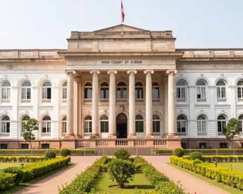 Exterior view of a High Court judicial headquarters building in India.