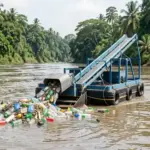 Automated river interceptor vessel extracting floating plastic refuse along an inland water channel.