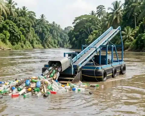 Automated river interceptor vessel extracting floating plastic refuse along an inland water channel.