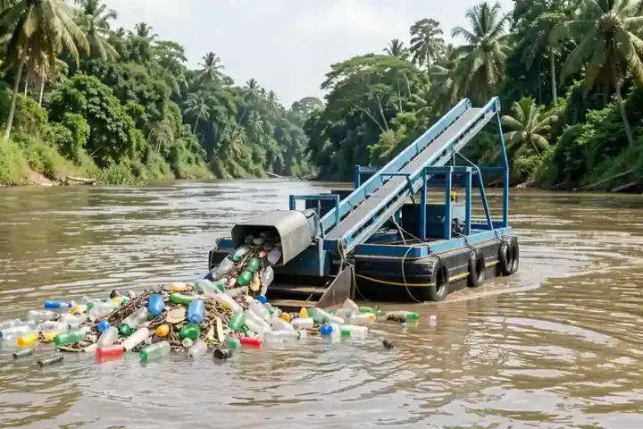 Automated river interceptor vessel extracting floating plastic refuse along an inland water channel.