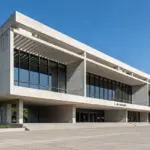 Front facade of a modernist civil secretariat administrative complex in Chandigarh India.