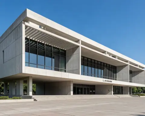 Front facade of a modernist civil secretariat administrative complex in Chandigarh India.