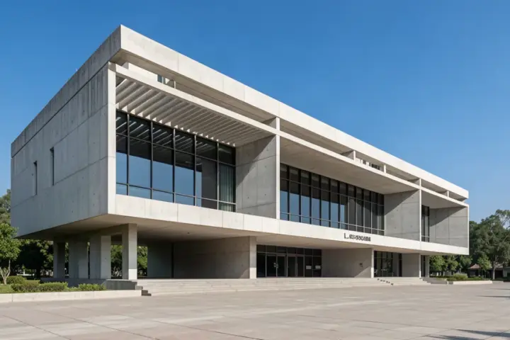 Front facade of a modernist civil secretariat administrative complex in Chandigarh India.
