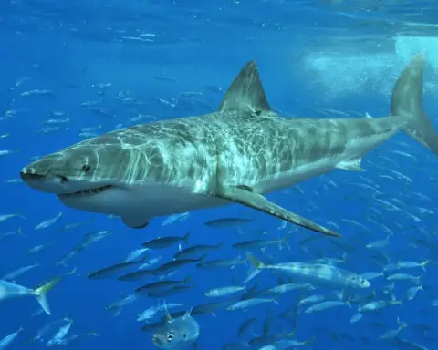 A mature great white shark navigating open coastal ocean waters near the surface