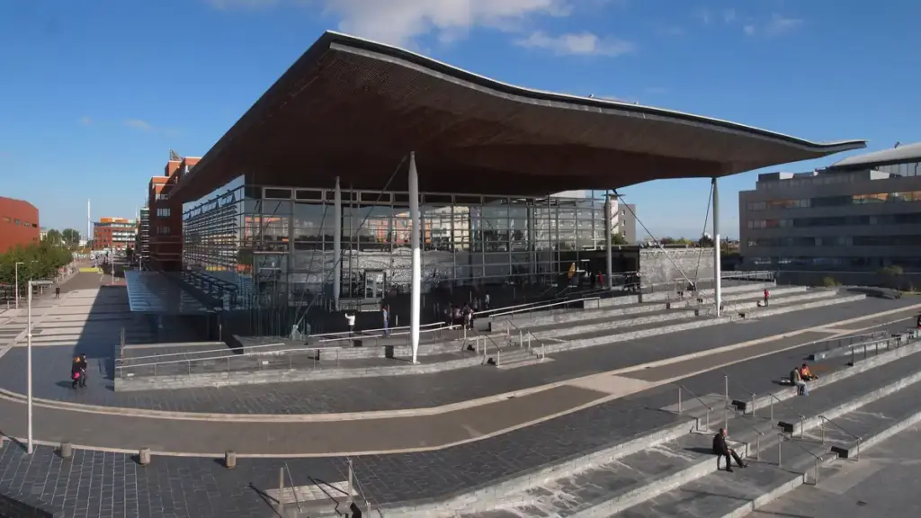 Exterior view of the Senedd building, the home of the Welsh Parliament in Cardiff Bay