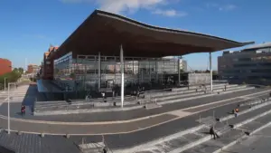 Exterior view of the Senedd building, the home of the Welsh Parliament in Cardiff Bay