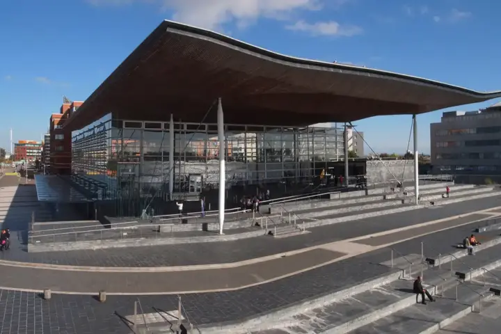 Exterior view of the Senedd building, the home of the Welsh Parliament in Cardiff Bay