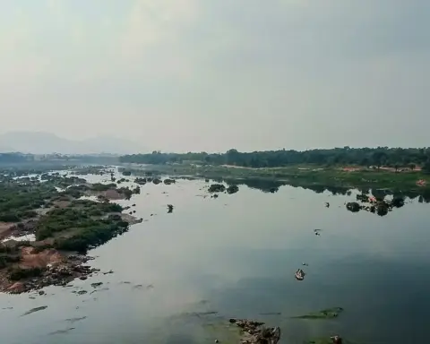 The Subarnarekha river flowing between vegetated earthen banks and rocky terrain upstream of coastal plains.