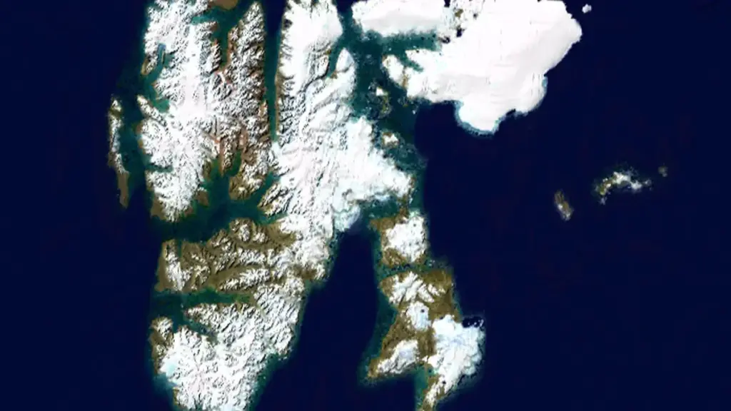 Landsat satellite image of Svalbard Arctic showing ice and fjord landscape