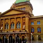 Front view of the Federal Palace of Switzerland government building in Bern.