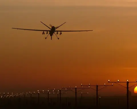 Reaper remotely piloted aircraft landing on a military runway during defence operations