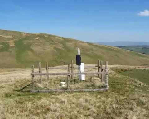 An automatic rain gauge on the Howgill Fells in northern England, as cooler wet weather returns to the UK this week.