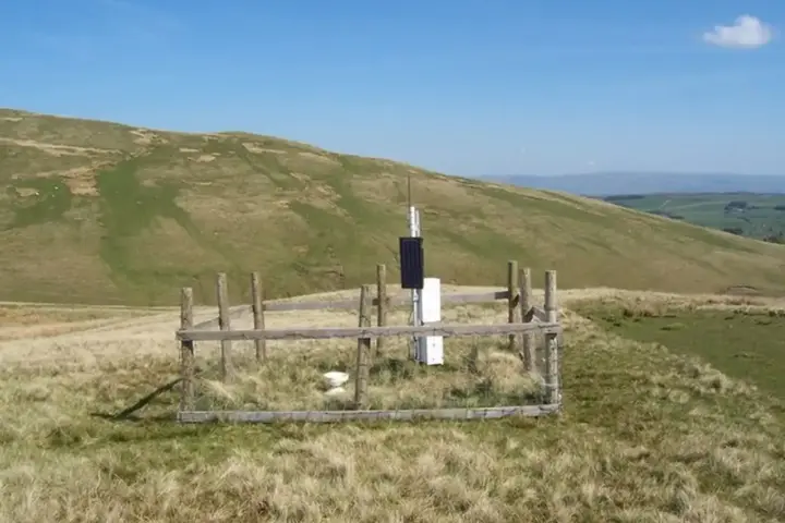 An automatic rain gauge on the Howgill Fells in northern England, as cooler wet weather returns to the UK this week.