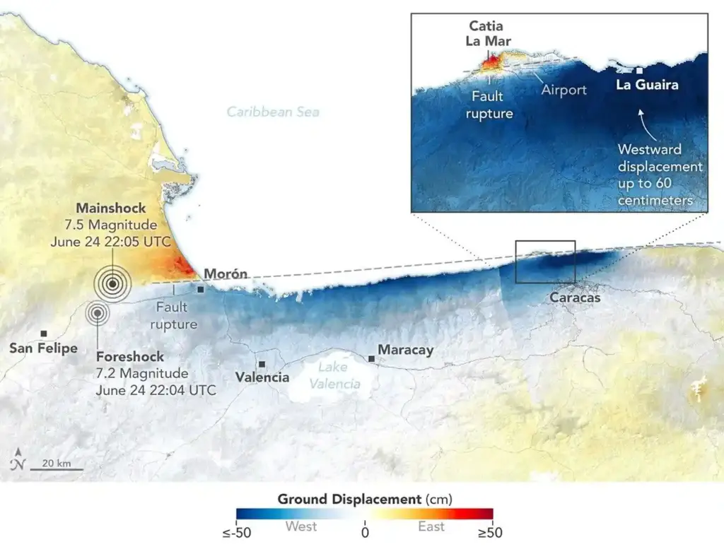 Satellite view of ground displacement near Caracas after the June 2026 earthquakes in Venezuela.