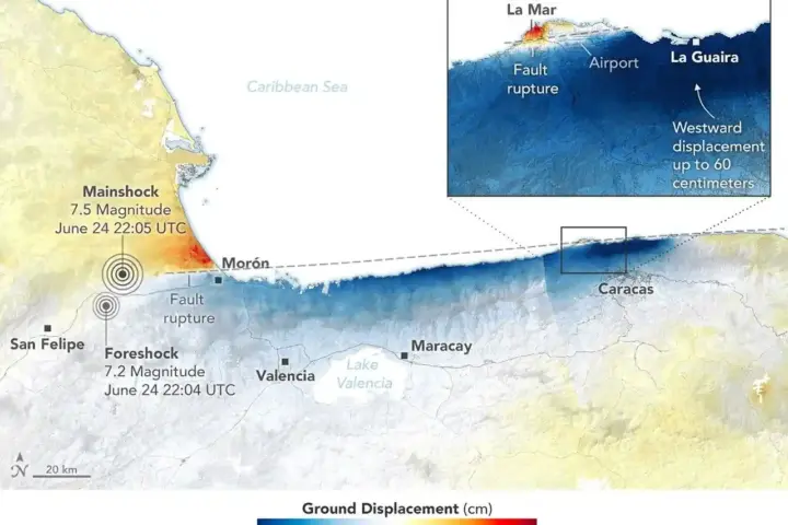 Satellite view of ground displacement near Caracas after the June 2026 earthquakes in Venezuela.