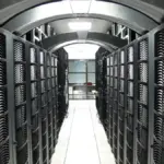 Server racks with blinking lights in a data center