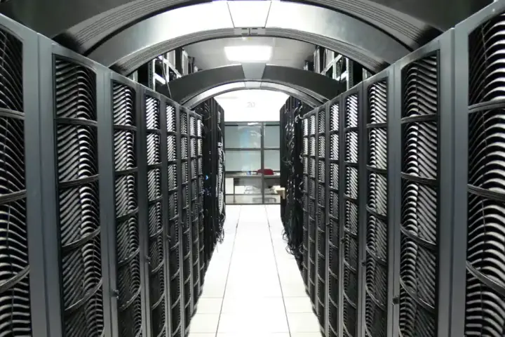 Server racks with blinking lights in a data center