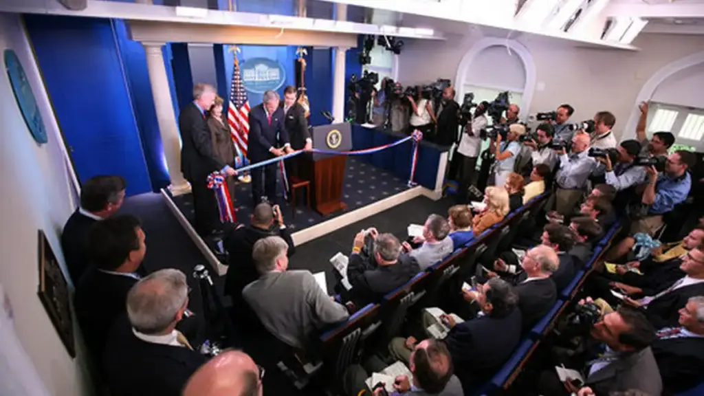 Rows of empty theater seating and media facilities inside the James S. Brady Press Briefing Room.