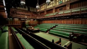 UK House of Commons chamber in Westminster where MPs debate and vote on legislation