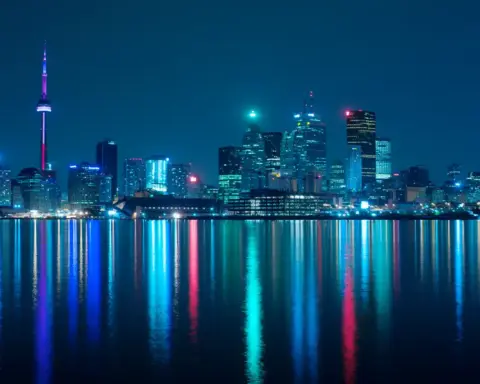 Toronto skyline at night representing the city hosting Nuit Blanche all-night public art event